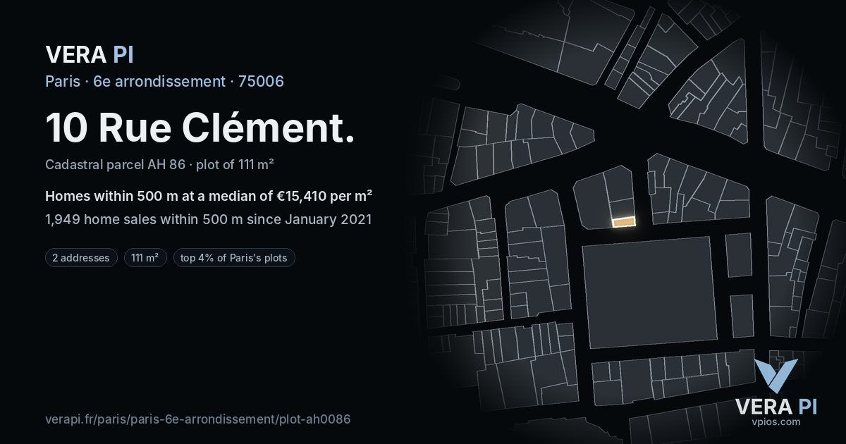 10 Rue Clément, 6e arrondissement at night – the plot lit, the parcels around coloured by the prices near them
