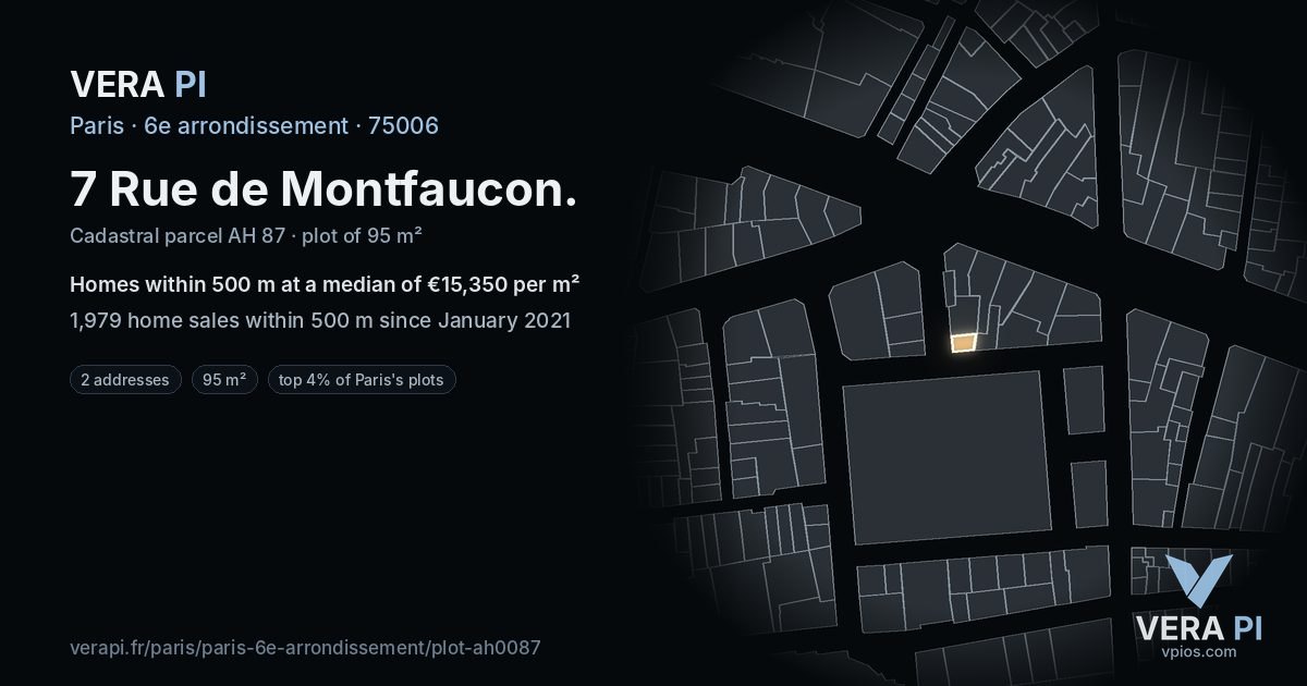 7 Rue de Montfaucon, 6e arrondissement at night – the plot lit, the parcels around coloured by the prices near them
