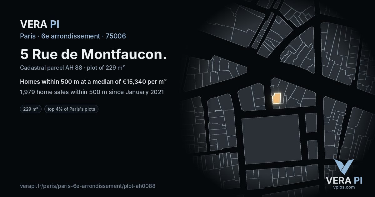 5 Rue de Montfaucon, 6e arrondissement at night – the plot lit, the parcels around coloured by the prices near them