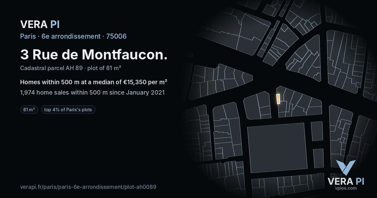 3 Rue de Montfaucon, 6e arrondissement at night – the plot lit, the parcels around coloured by the prices near them