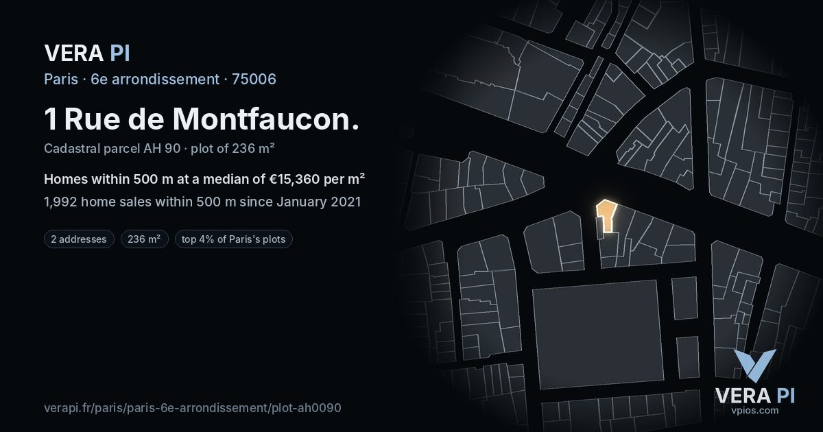 1 Rue de Montfaucon, 6e arrondissement at night – the plot lit, the parcels around coloured by the prices near them