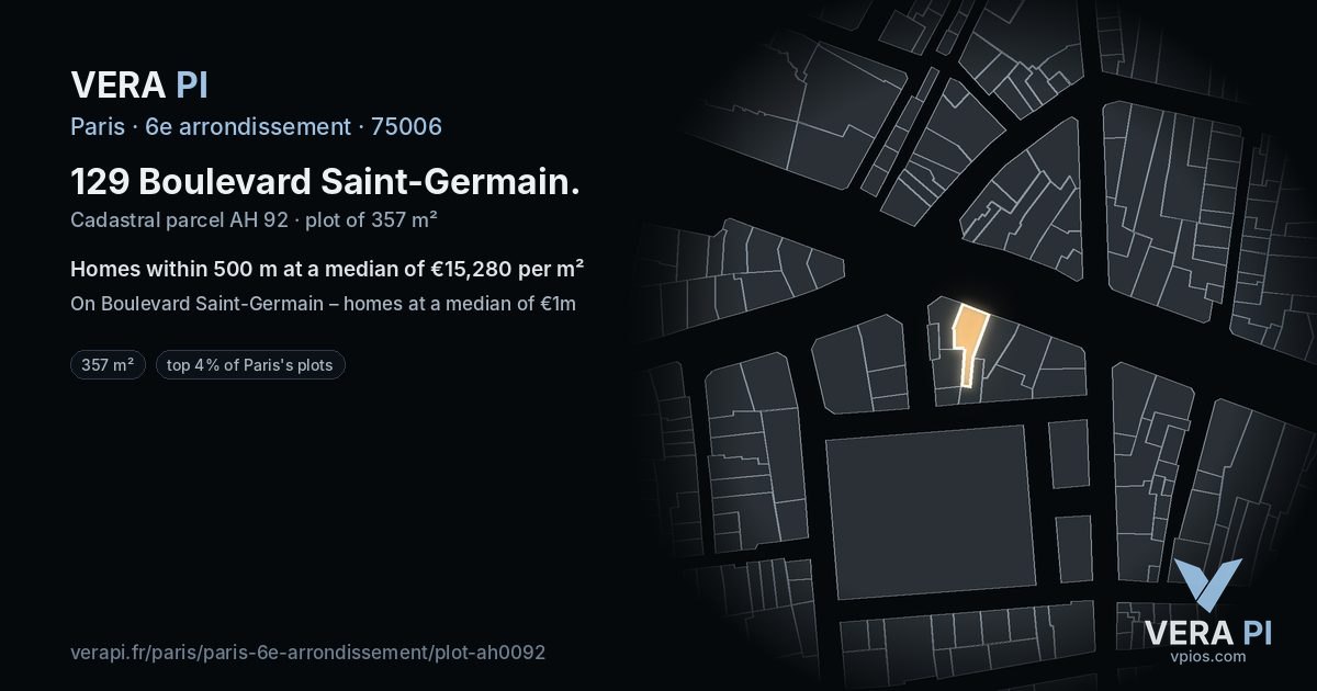 129 Boulevard Saint-Germain, 6e arrondissement at night – the plot lit, the parcels around coloured by the prices near them