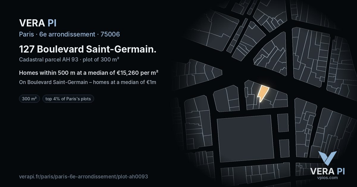 127 Boulevard Saint-Germain, 6e arrondissement at night – the plot lit, the parcels around coloured by the prices near them