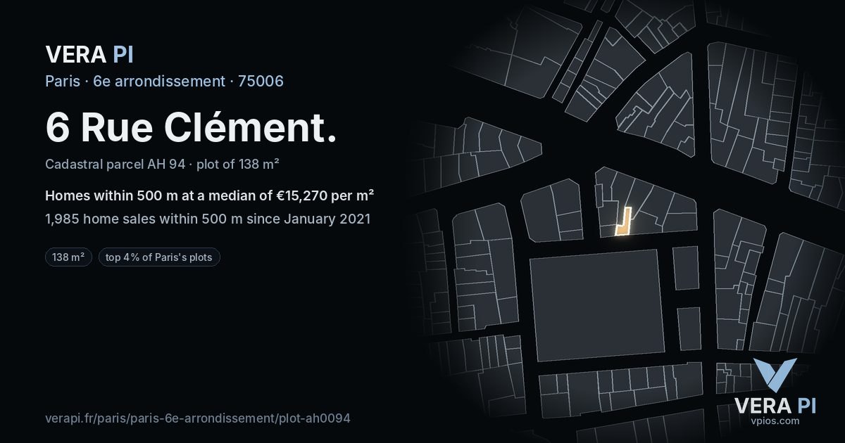 6 Rue Clément, 6e arrondissement at night – the plot lit, the parcels around coloured by the prices near them