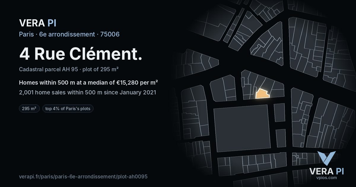 4 Rue Clément, 6e arrondissement at night – the plot lit, the parcels around coloured by the prices near them