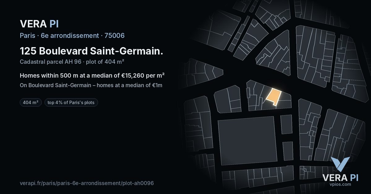 125 Boulevard Saint-Germain, 6e arrondissement at night – the plot lit, the parcels around coloured by the prices near them