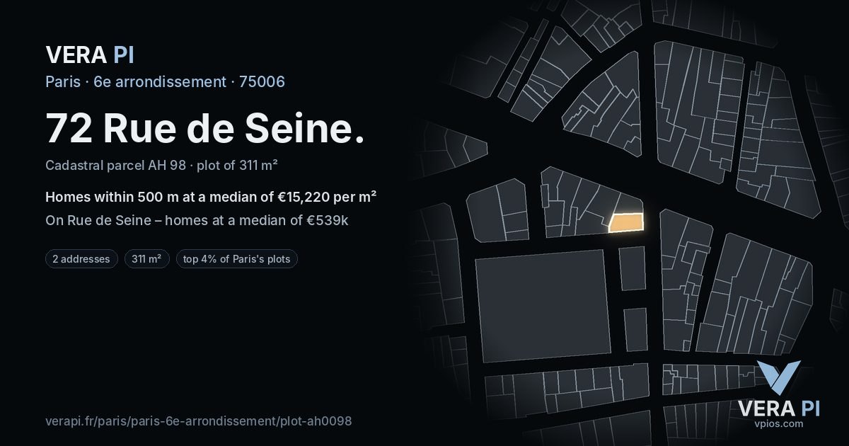 72 Rue de Seine, 6e arrondissement at night – the plot lit, the parcels around coloured by the prices near them