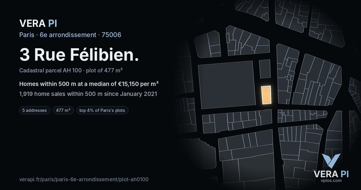 3 Rue Félibien, 6e arrondissement at night – the plot lit, the parcels around coloured by the prices near them