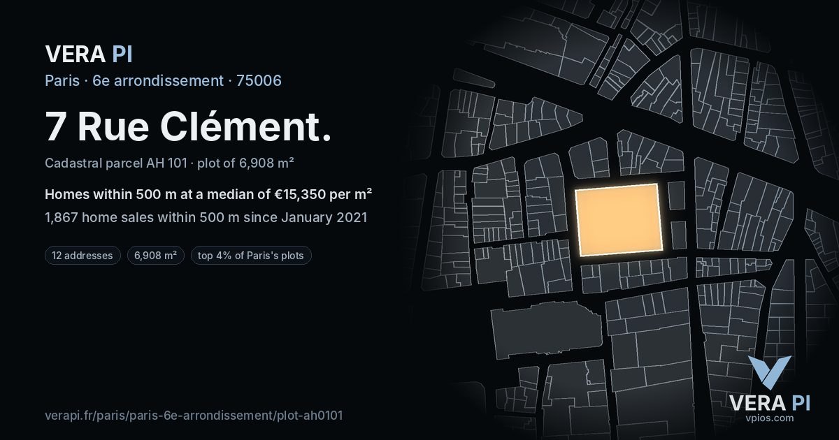7 Rue Clément, 6e arrondissement at night – the plot lit, the parcels around coloured by the prices near them