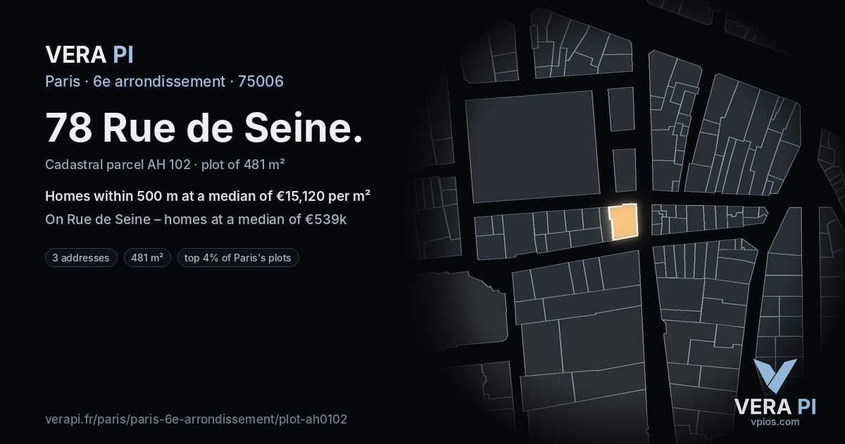 78 Rue de Seine, 6e arrondissement at night – the plot lit, the parcels around coloured by the prices near them