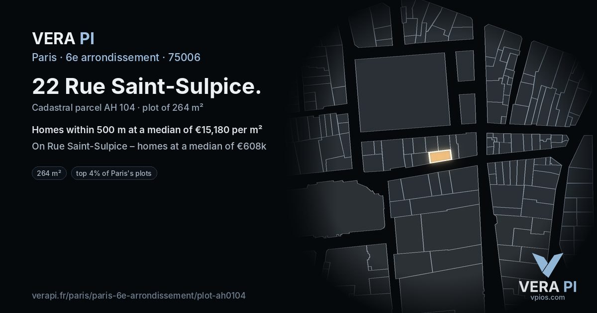 22 Rue Saint-Sulpice, 6e arrondissement at night – the plot lit, the parcels around coloured by the prices near them