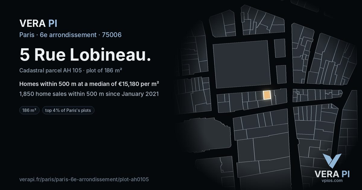 5 Rue Lobineau, 6e arrondissement at night – the plot lit, the parcels around coloured by the prices near them