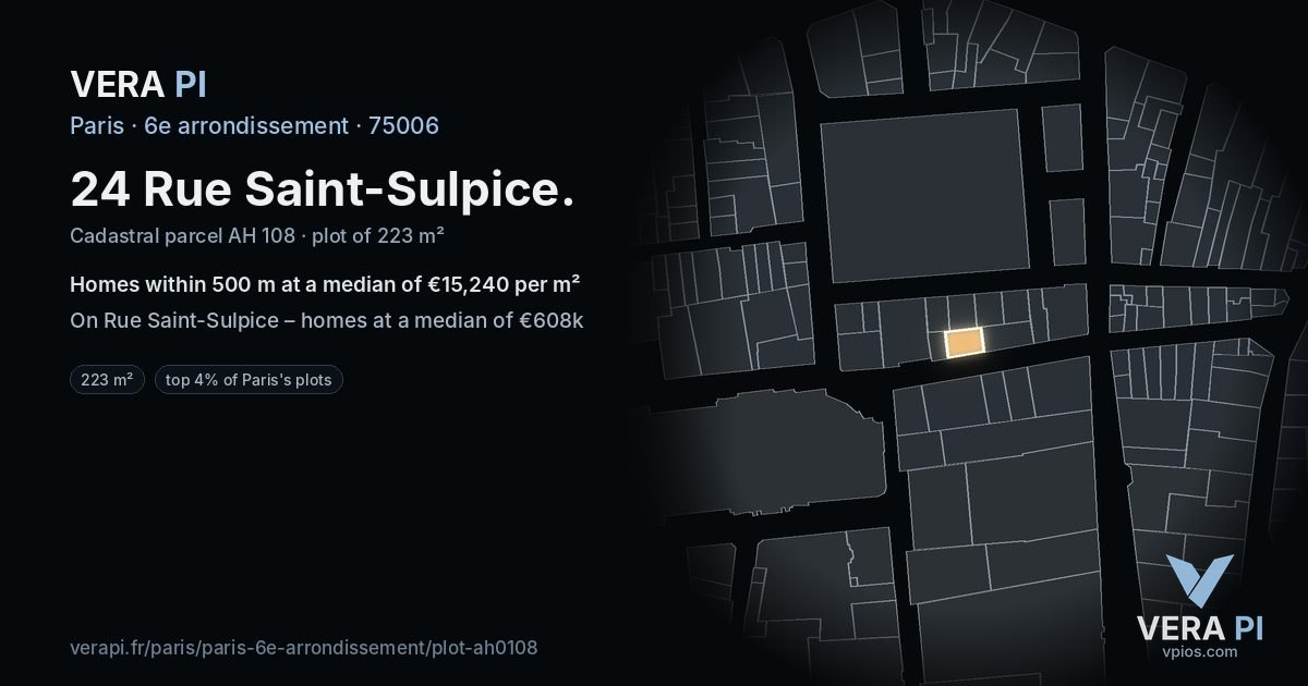 24 Rue Saint-Sulpice, 6e arrondissement at night – the plot lit, the parcels around coloured by the prices near them