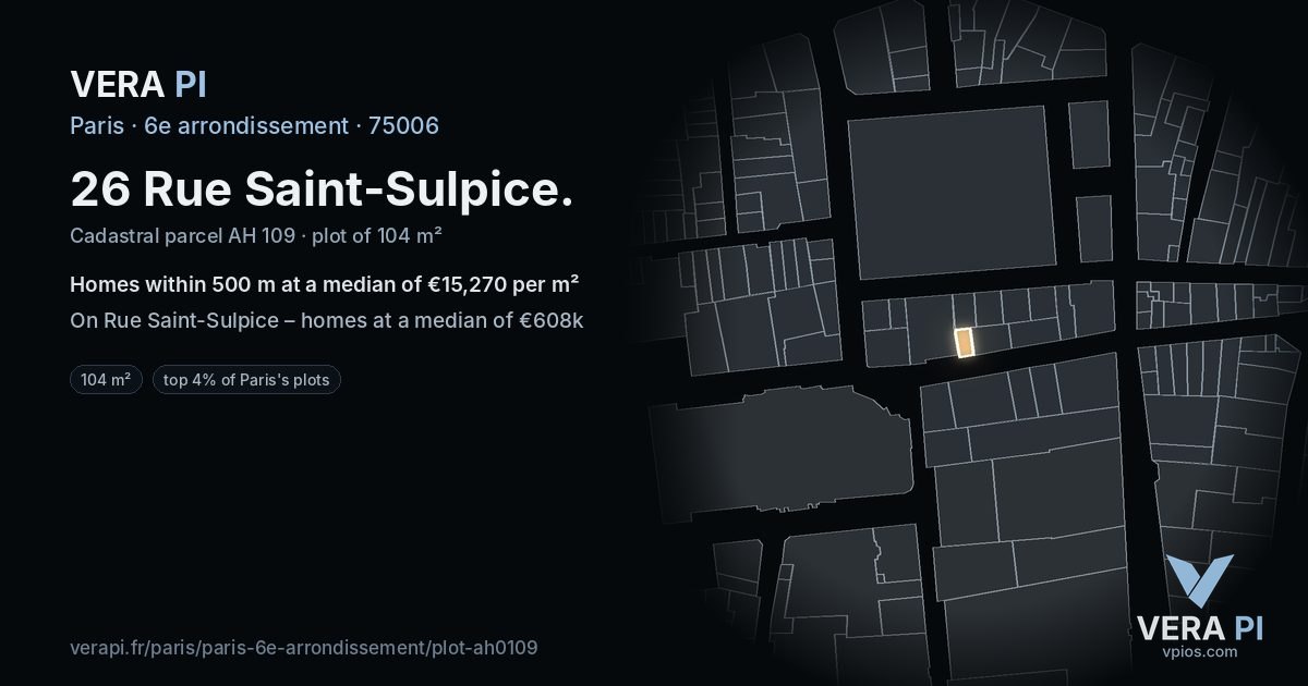 26 Rue Saint-Sulpice, 6e arrondissement at night – the plot lit, the parcels around coloured by the prices near them