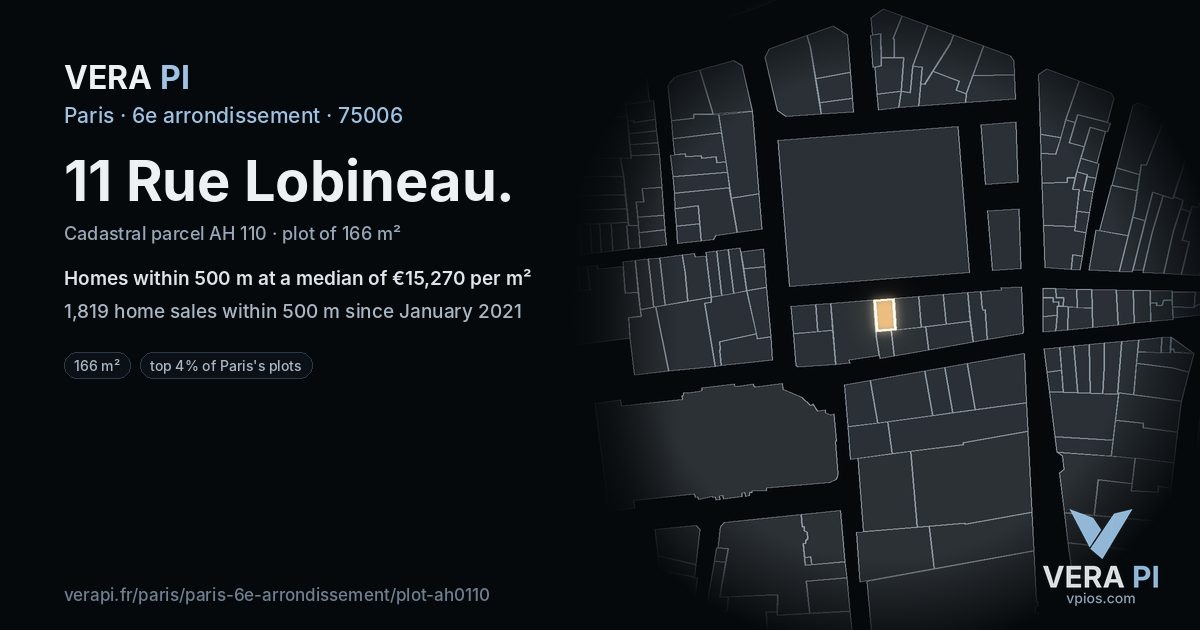 11 Rue Lobineau, 6e arrondissement at night – the plot lit, the parcels around coloured by the prices near them