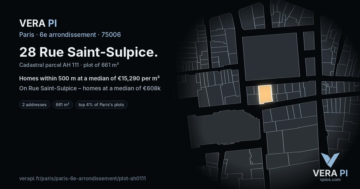 28 Rue Saint-Sulpice, 6e arrondissement at night – the plot lit, the parcels around coloured by the prices near them