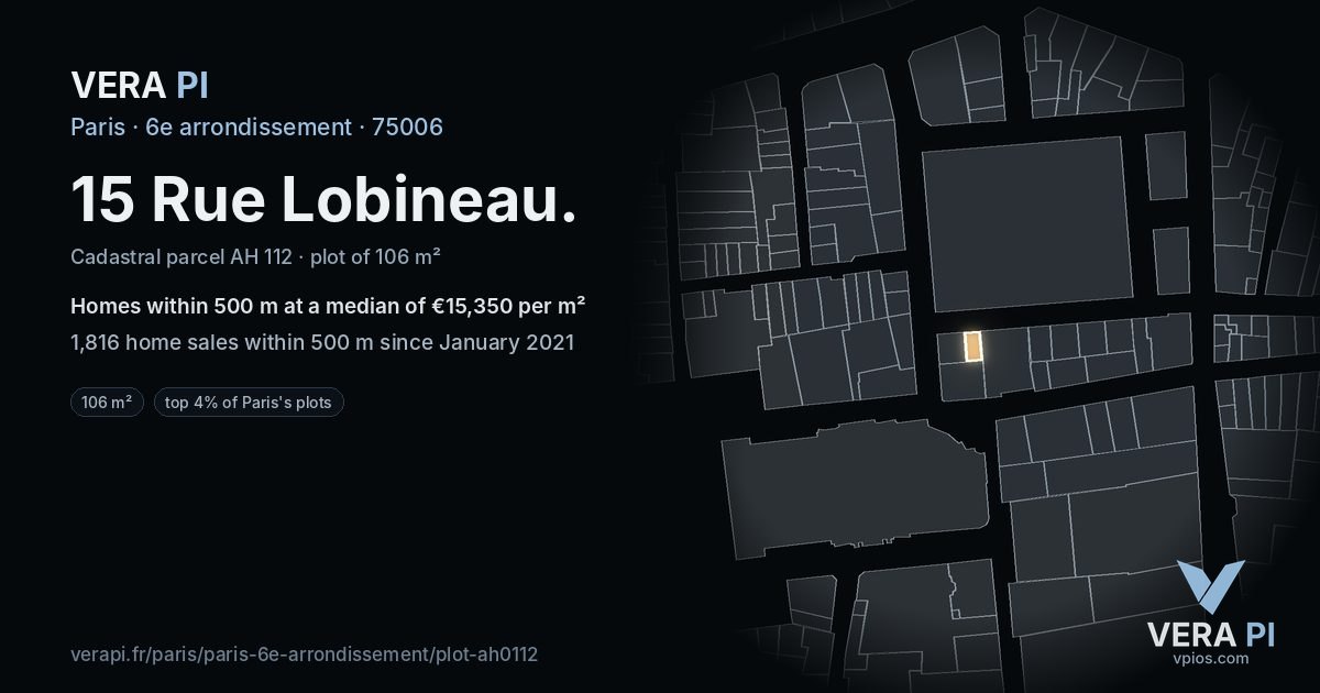 15 Rue Lobineau, 6e arrondissement at night – the plot lit, the parcels around coloured by the prices near them