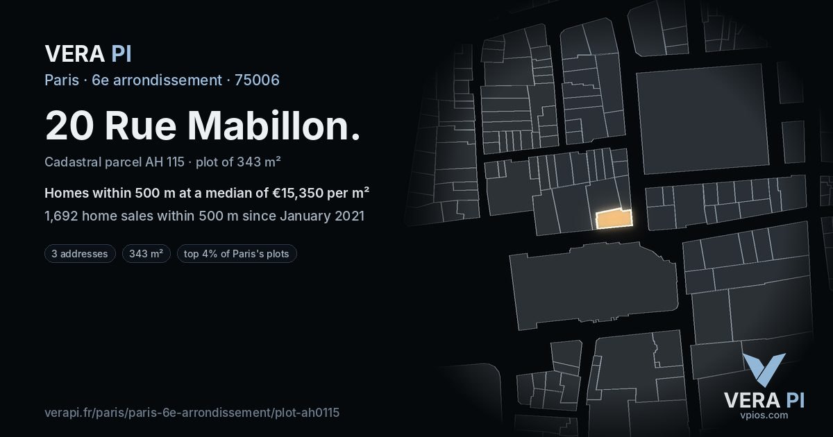 20 Rue Mabillon, 6e arrondissement at night – the plot lit, the parcels around coloured by the prices near them