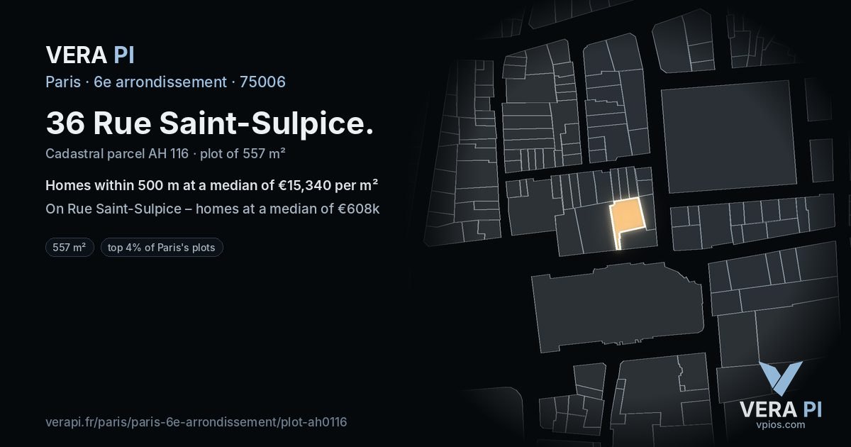 36 Rue Saint-Sulpice, 6e arrondissement at night – the plot lit, the parcels around coloured by the prices near them