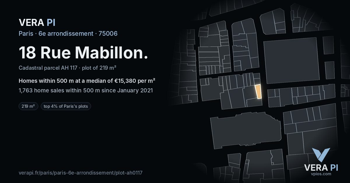 18 Rue Mabillon, 6e arrondissement at night – the plot lit, the parcels around coloured by the prices near them