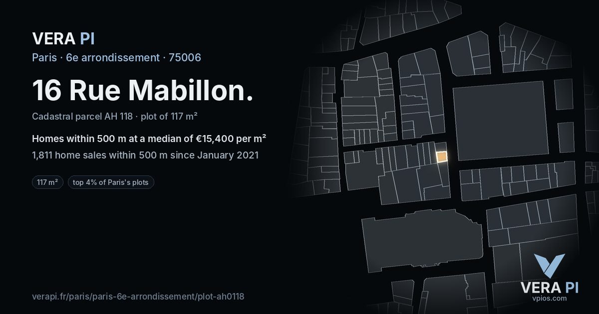 16 Rue Mabillon, 6e arrondissement at night – the plot lit, the parcels around coloured by the prices near them
