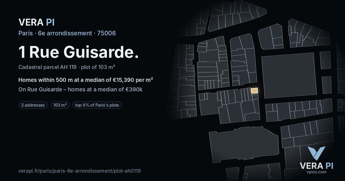 1 Rue Guisarde, 6e arrondissement at night – the plot lit, the parcels around coloured by the prices near them