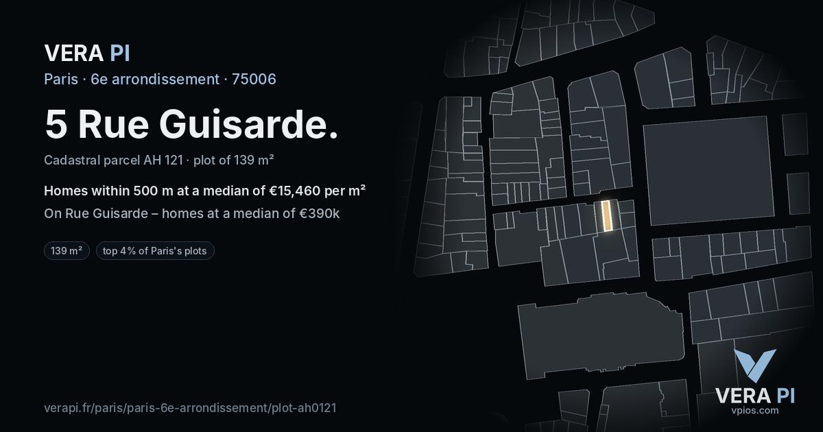 5 Rue Guisarde, 6e arrondissement at night – the plot lit, the parcels around coloured by the prices near them