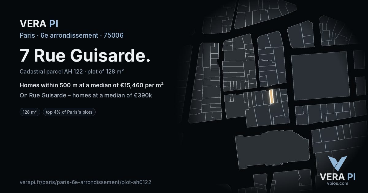 7 Rue Guisarde, 6e arrondissement at night – the plot lit, the parcels around coloured by the prices near them