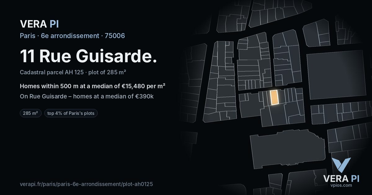 11 Rue Guisarde, 6e arrondissement at night – the plot lit, the parcels around coloured by the prices near them