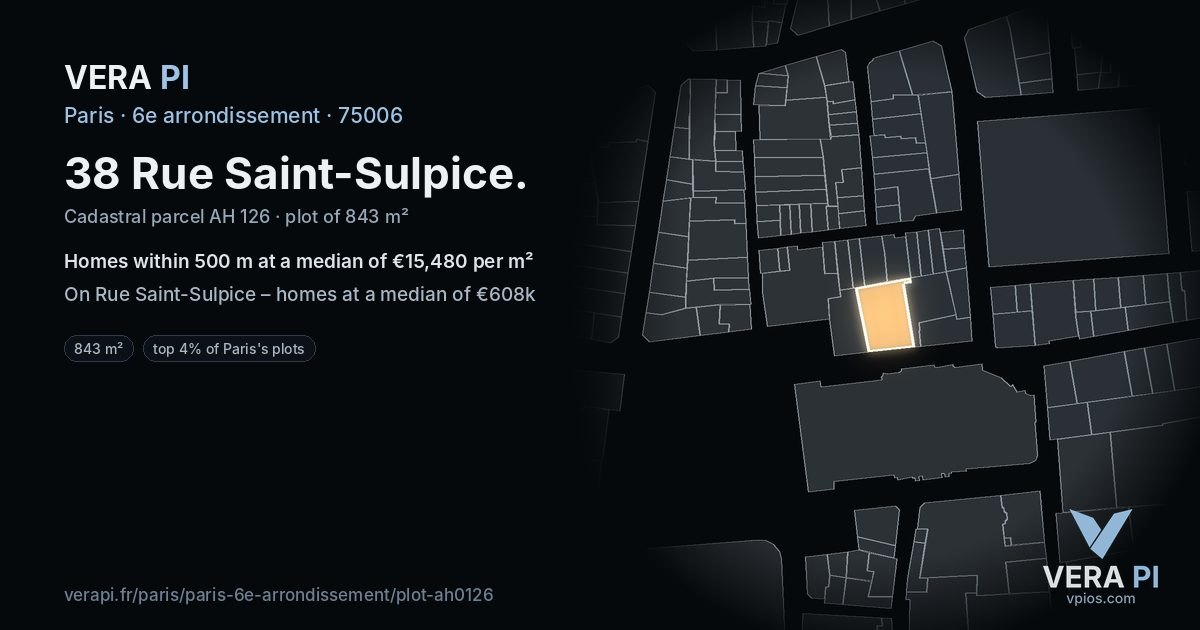 38 Rue Saint-Sulpice, 6e arrondissement at night – the plot lit, the parcels around coloured by the prices near them
