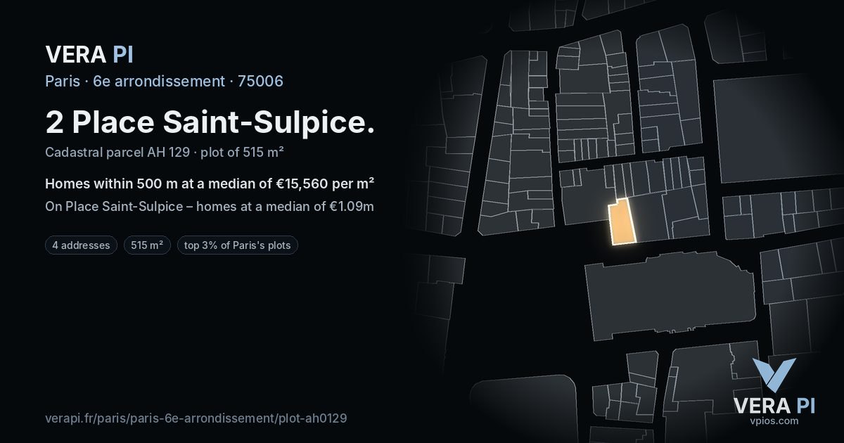 2 Place Saint-Sulpice, 6e arrondissement at night – the plot lit, the parcels around coloured by the prices near them