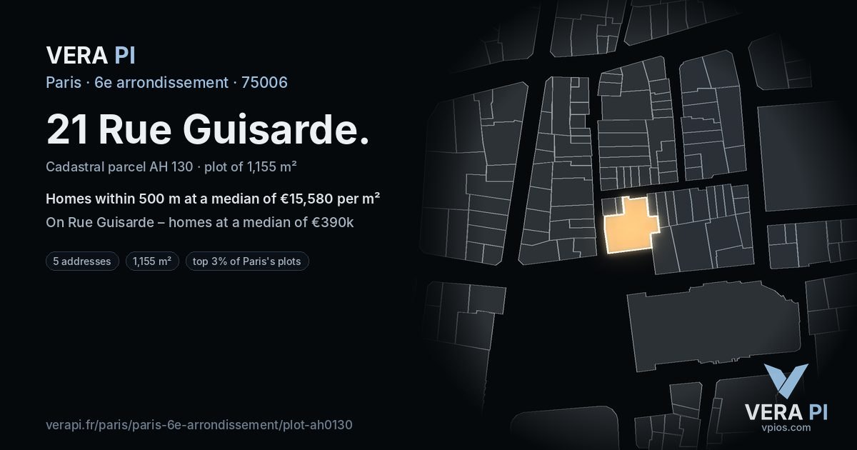 21 Rue Guisarde, 6e arrondissement at night – the plot lit, the parcels around coloured by the prices near them