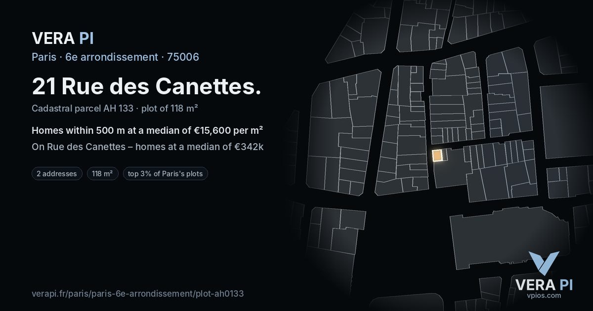 21 Rue des Canettes, 6e arrondissement at night – the plot lit, the parcels around coloured by the prices near them