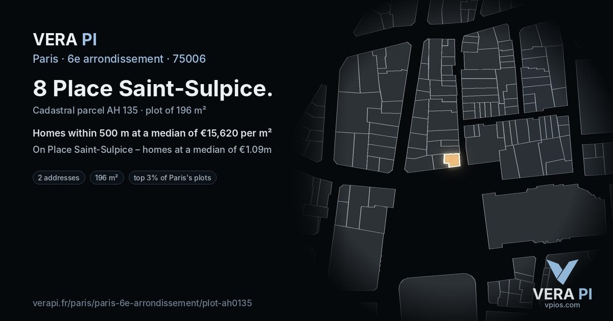 8 Place Saint-Sulpice, 6e arrondissement at night – the plot lit, the parcels around coloured by the prices near them