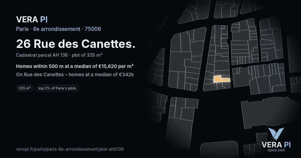 26 Rue des Canettes, 6e arrondissement at night – the plot lit, the parcels around coloured by the prices near them