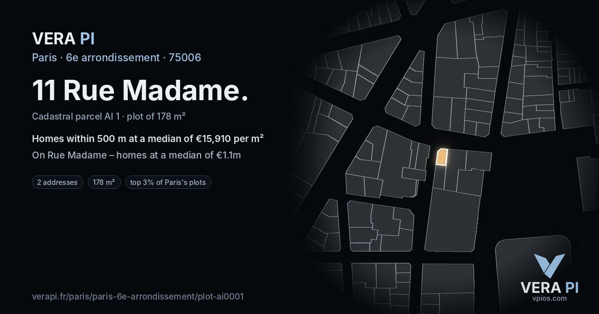 11 Rue Madame, 6e arrondissement at night – the plot lit, the parcels around coloured by the prices near them