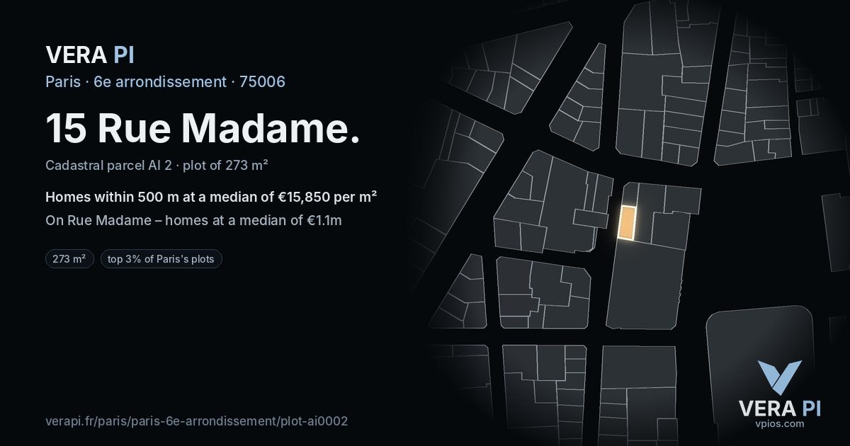 15 Rue Madame, 6e arrondissement at night – the plot lit, the parcels around coloured by the prices near them