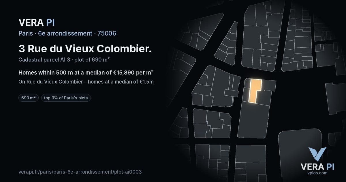 3 Rue du Vieux Colombier, 6e arrondissement at night – the plot lit, the parcels around coloured by the prices near them