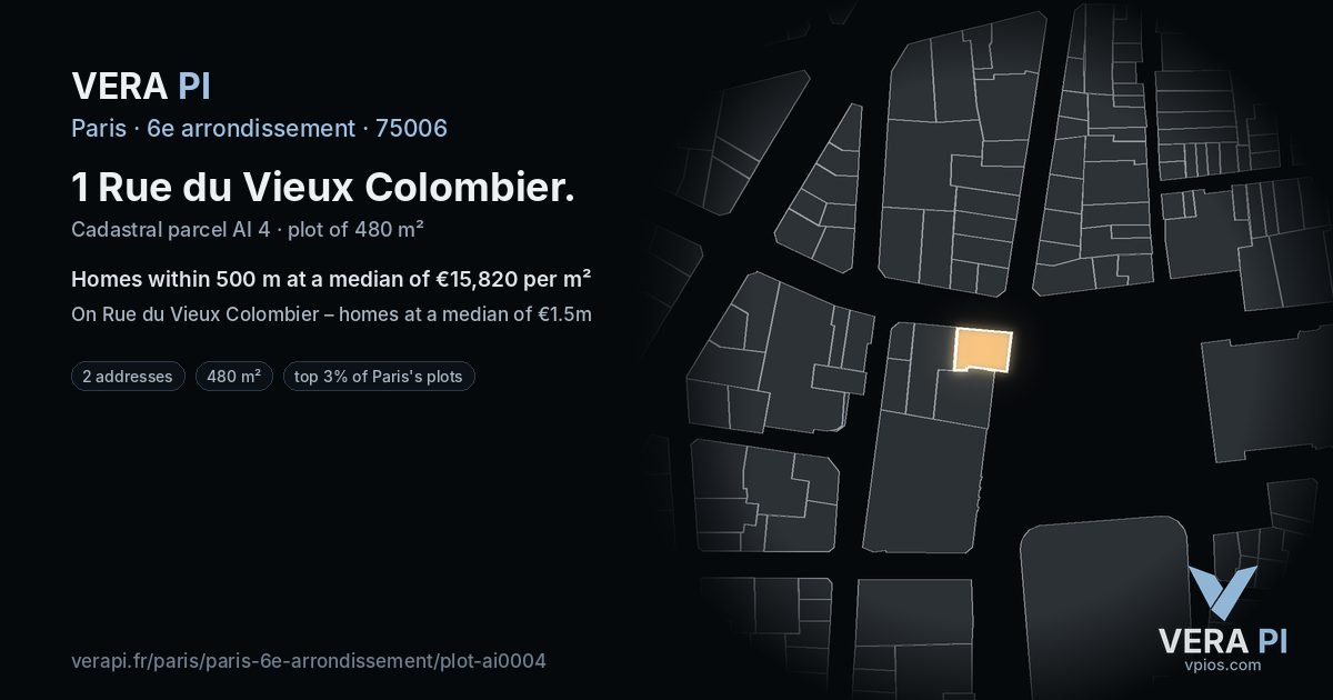 1 Rue du Vieux Colombier, 6e arrondissement at night – the plot lit, the parcels around coloured by the prices near them