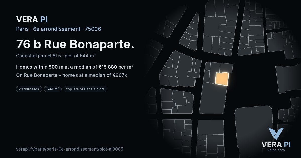 76 b Rue Bonaparte, 6e arrondissement at night – the plot lit, the parcels around coloured by the prices near them