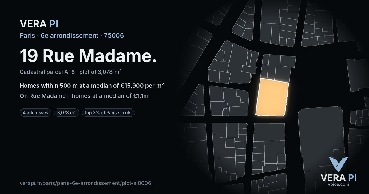 19 Rue Madame, 6e arrondissement at night – the plot lit, the parcels around coloured by the prices near them