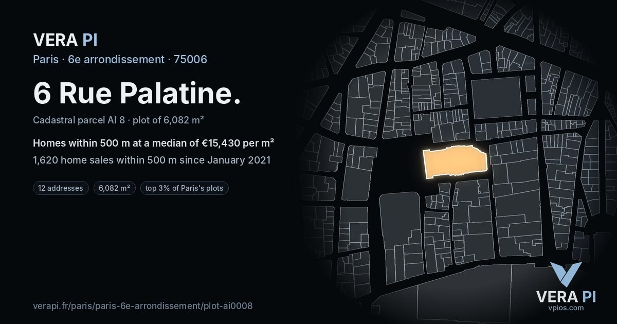 6 Rue Palatine, 6e arrondissement at night – the plot lit, the parcels around coloured by the prices near them