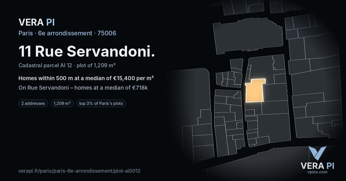 11 Rue Servandoni, 6e arrondissement at night – the plot lit, the parcels around coloured by the prices near them