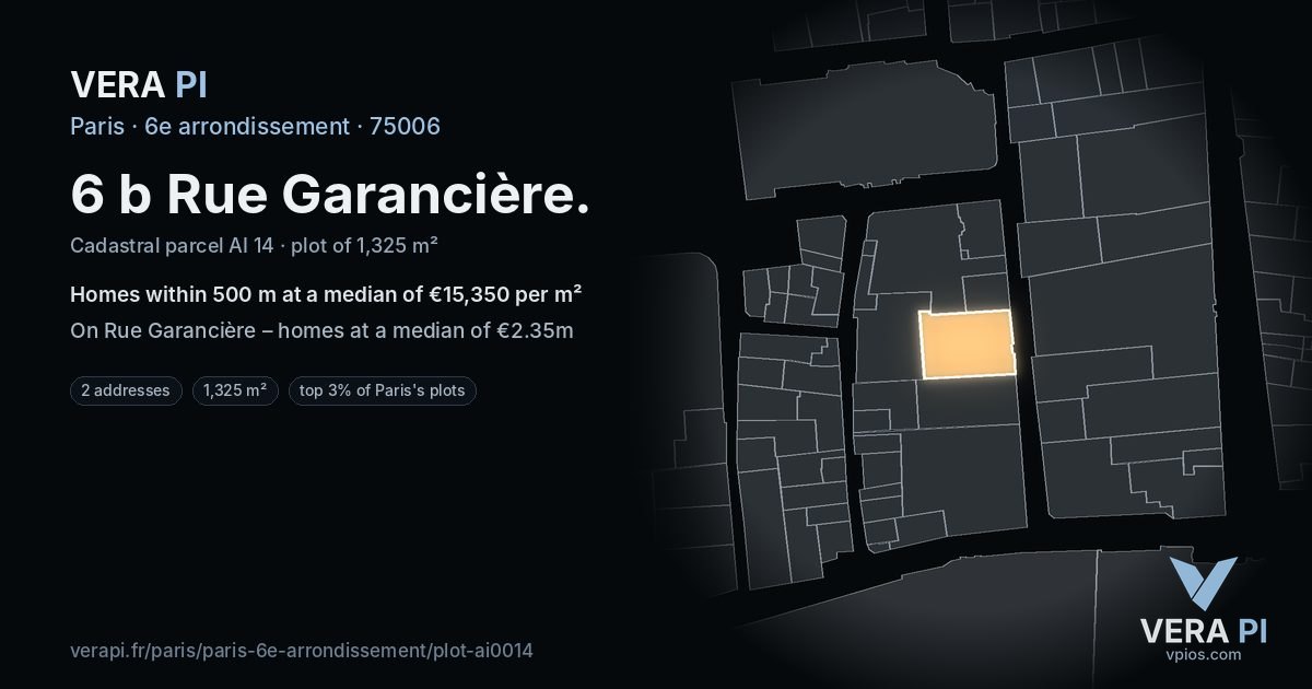 6 b Rue Garancière, 6e arrondissement at night – the plot lit, the parcels around coloured by the prices near them