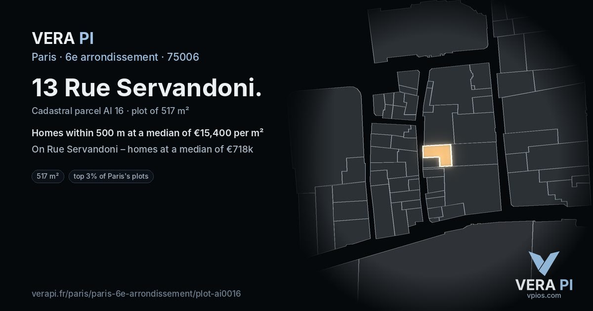 13 Rue Servandoni, 6e arrondissement at night – the plot lit, the parcels around coloured by the prices near them