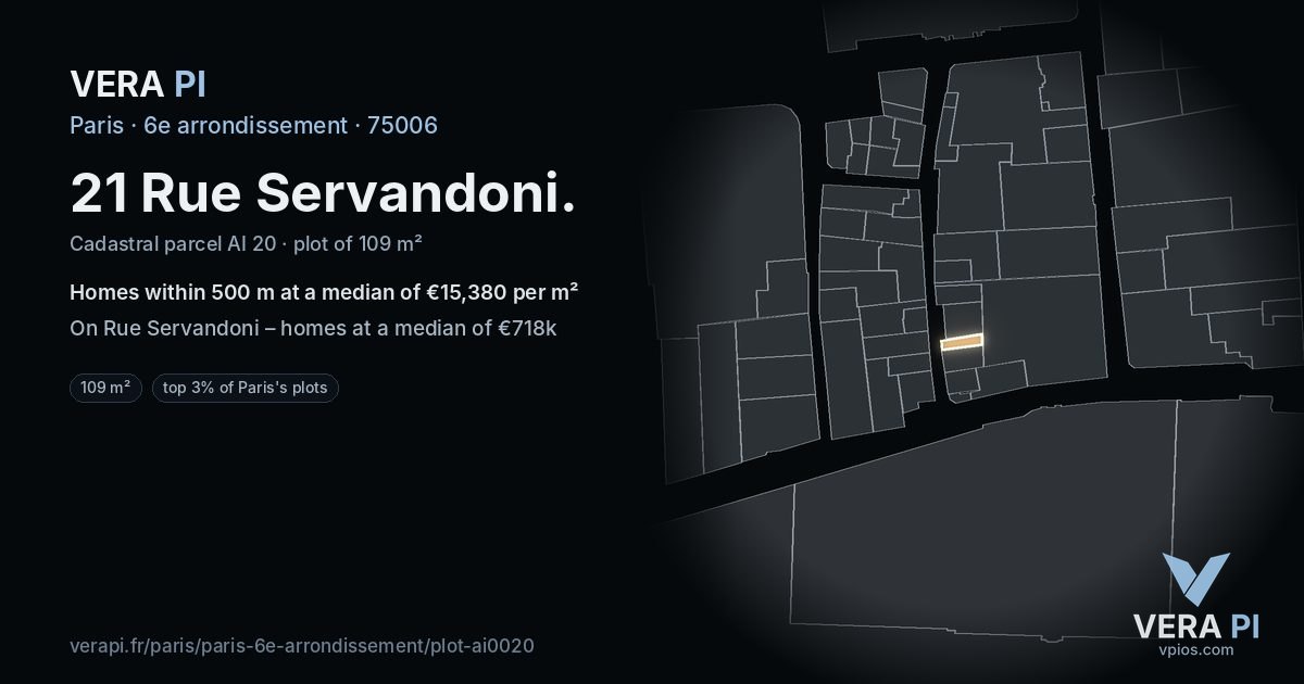 21 Rue Servandoni, 6e arrondissement at night – the plot lit, the parcels around coloured by the prices near them