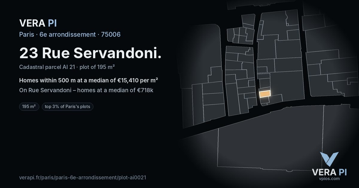 23 Rue Servandoni, 6e arrondissement at night – the plot lit, the parcels around coloured by the prices near them