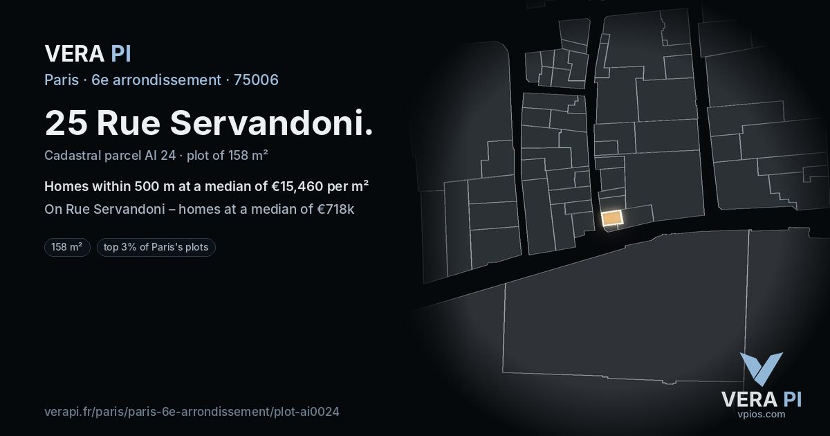25 Rue Servandoni, 6e arrondissement at night – the plot lit, the parcels around coloured by the prices near them