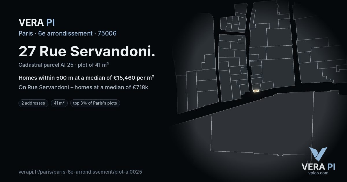 27 Rue Servandoni, 6e arrondissement at night – the plot lit, the parcels around coloured by the prices near them