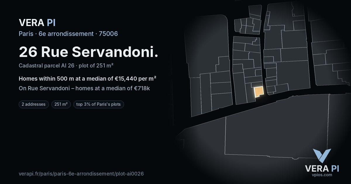 26 Rue Servandoni, 6e arrondissement at night – the plot lit, the parcels around coloured by the prices near them